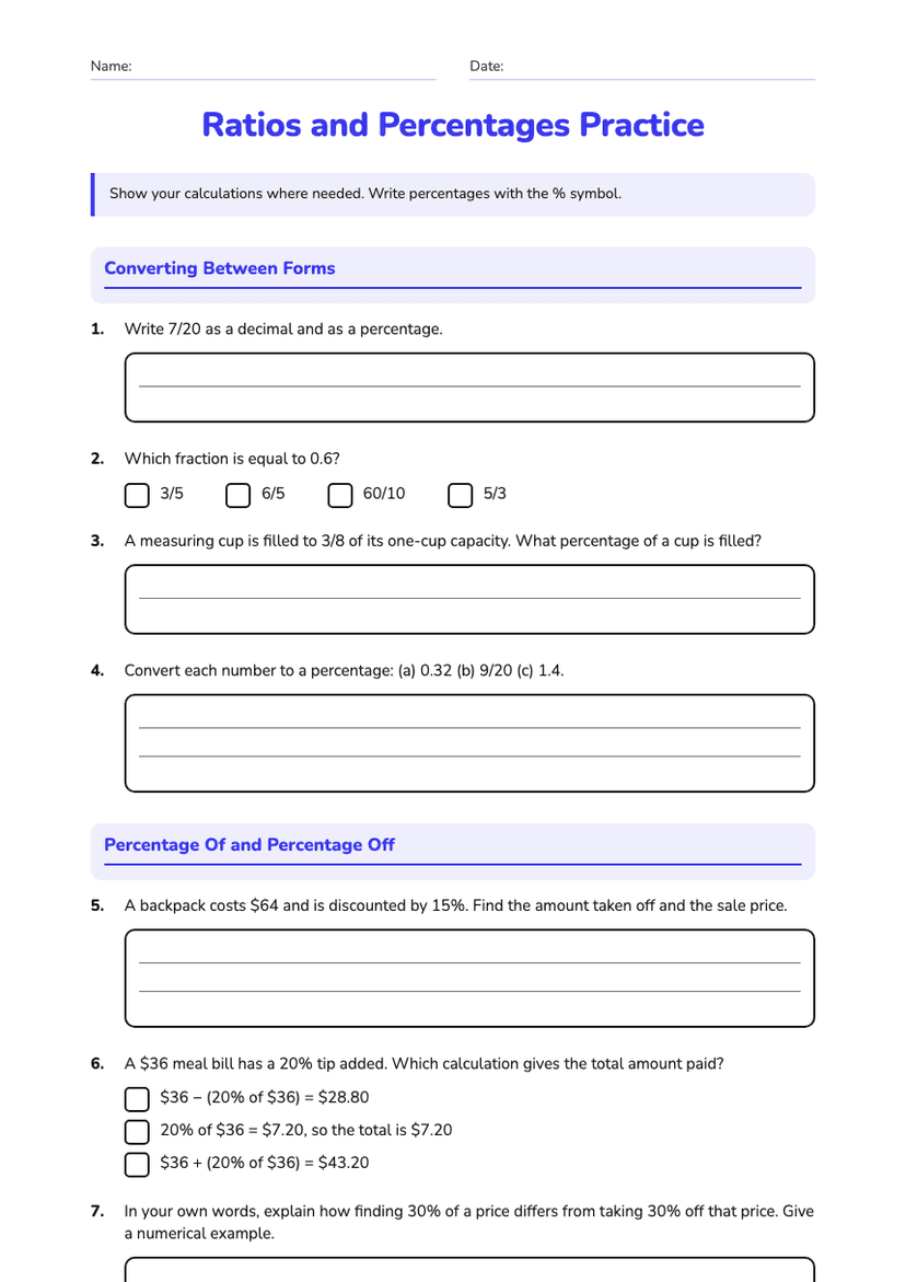 Ratios and Percentages Practice