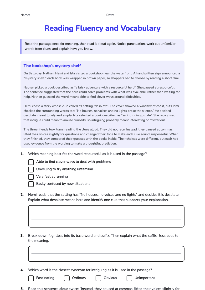 Reading Fluency and Vocabulary worksheet preview