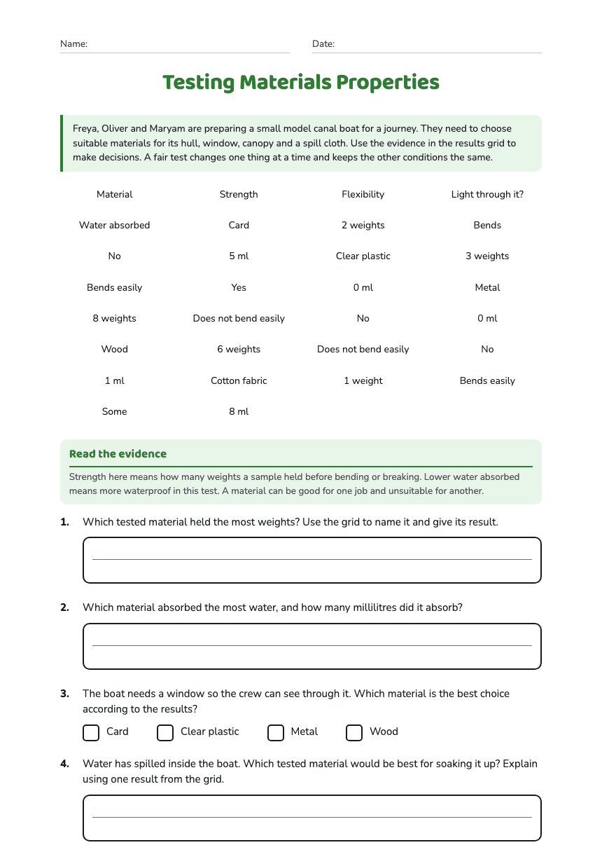 Testing Materials Properties worksheet preview