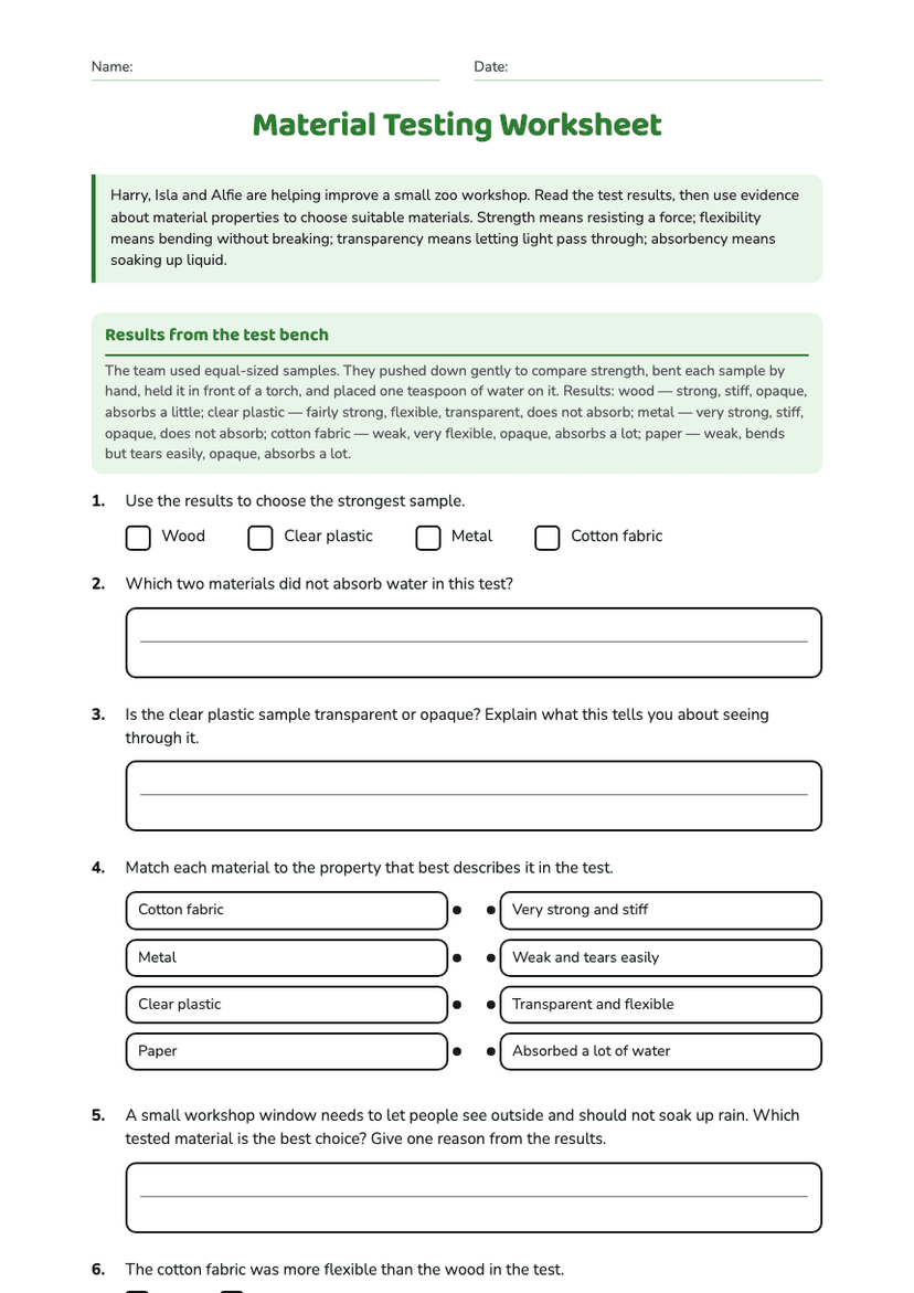Material Testing Worksheet