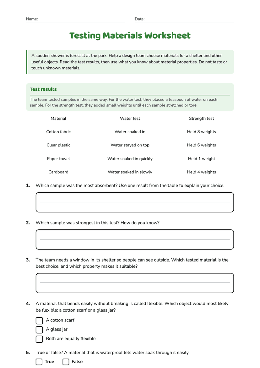 Testing Materials Worksheet