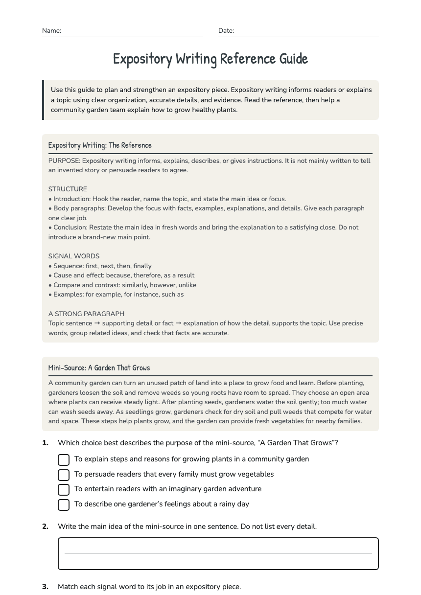 Expository Writing Reference Guide worksheet preview