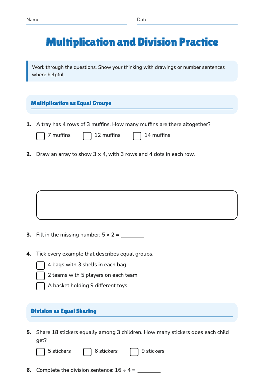 Multiplication and Division Practice worksheet preview