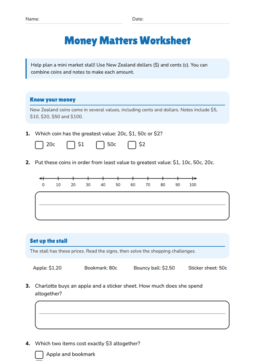 Money Matters Worksheet