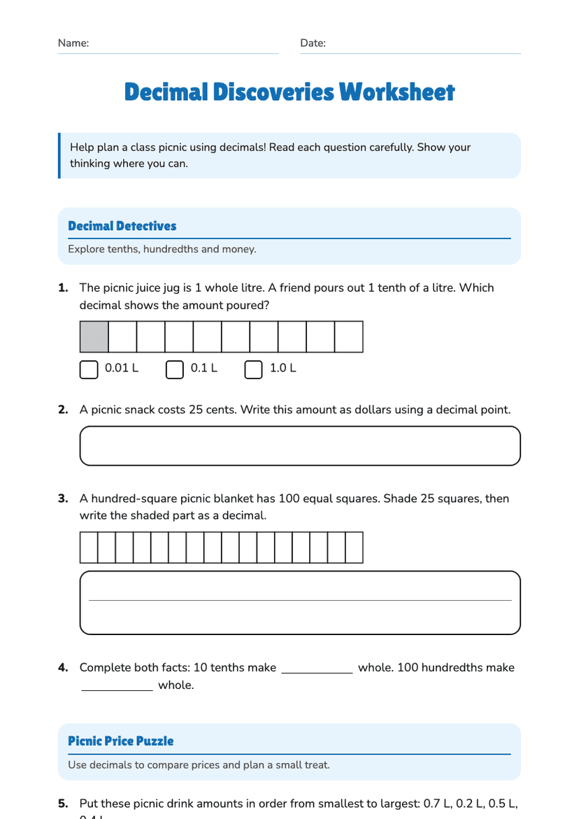 Decimal Discoveries Worksheet