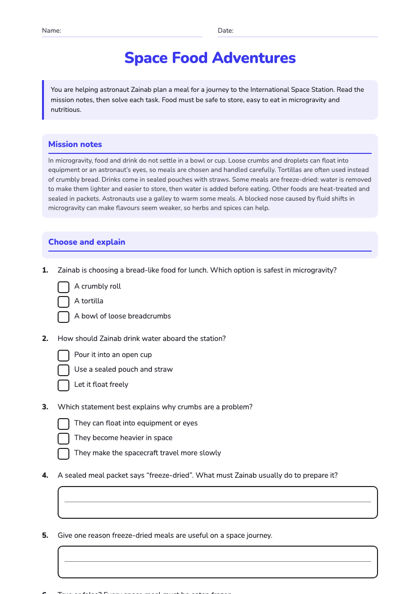Space Food Adventures worksheet preview