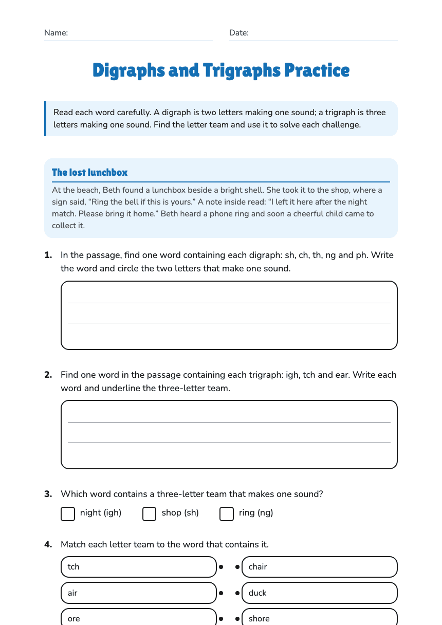 Digraphs and Trigraphs Practice worksheet preview