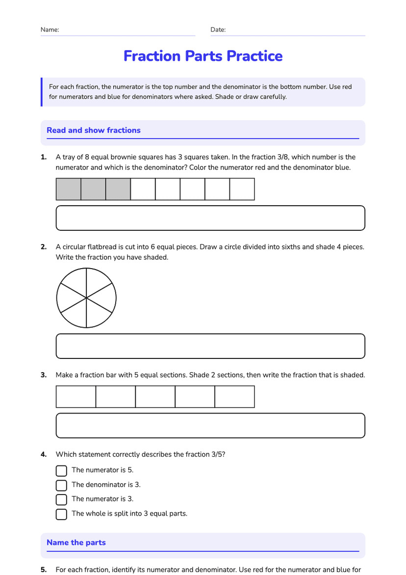 Fraction Parts Practice