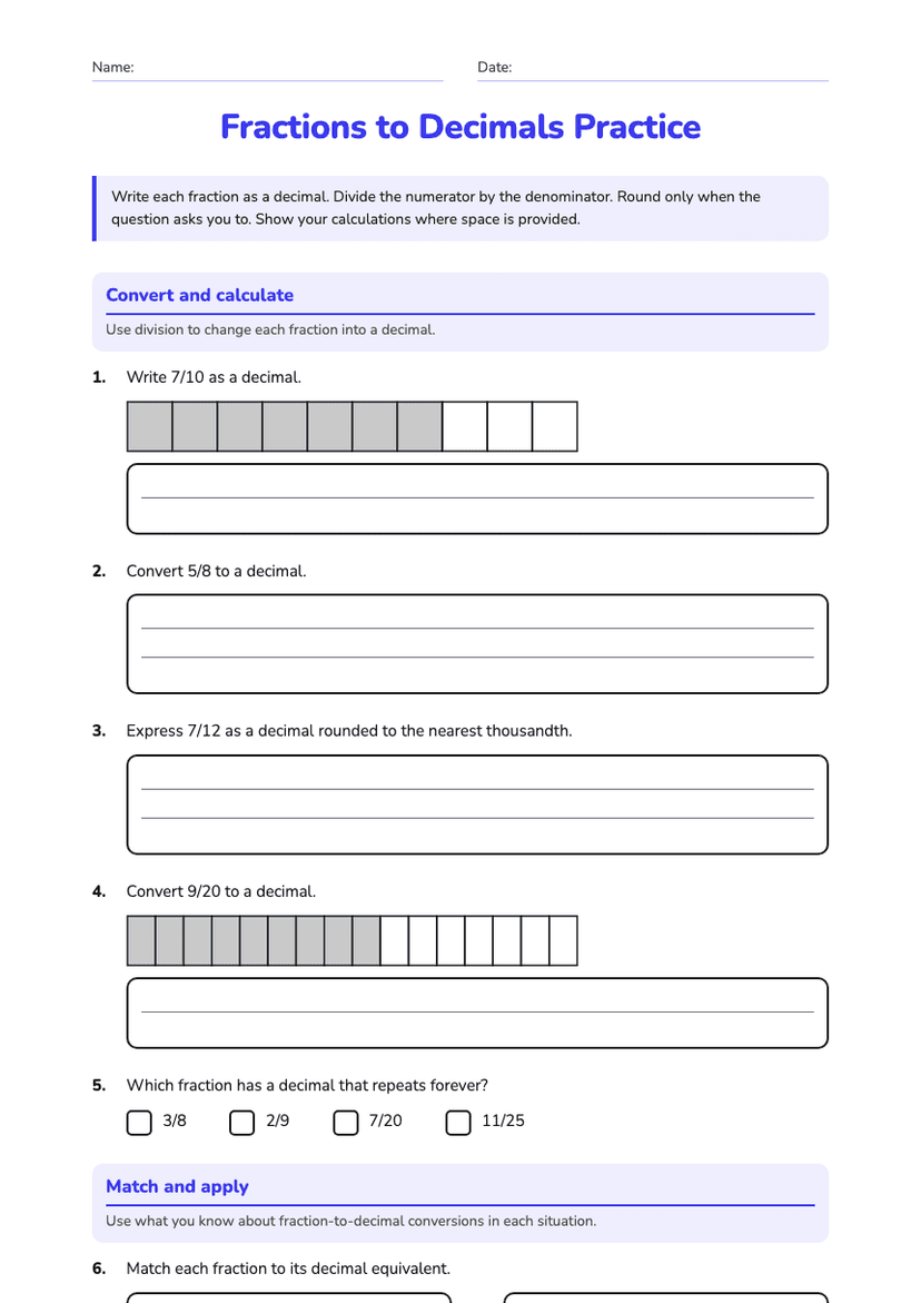 Fractions to Decimals Practice