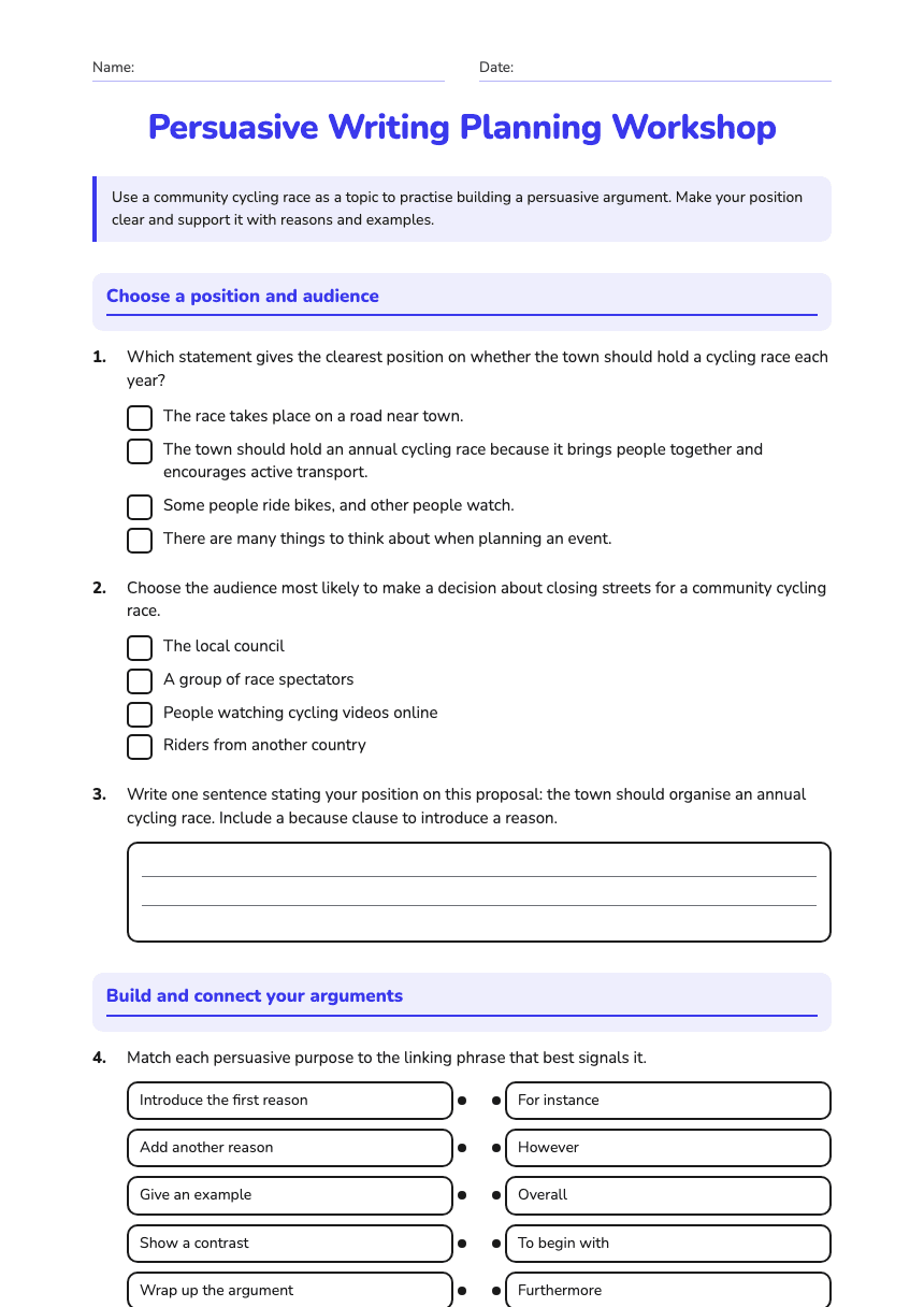 Persuasive Writing Planning Workshop worksheet preview
