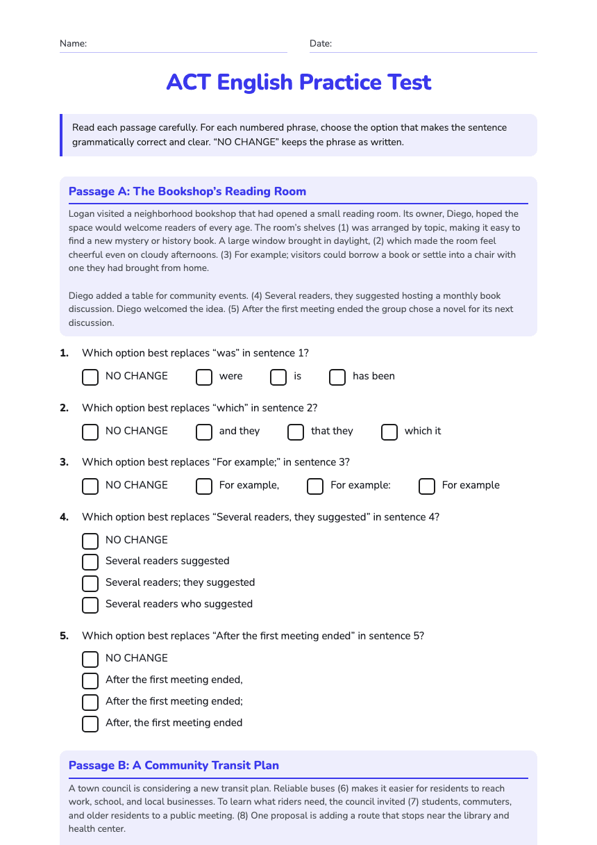 ACT English Practice Test worksheet preview