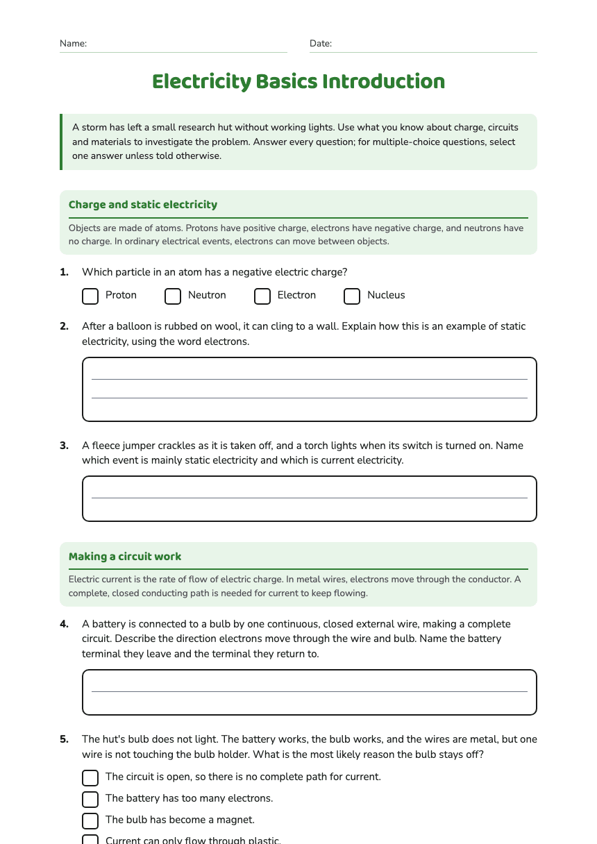 Electricity Basics Introduction worksheet preview