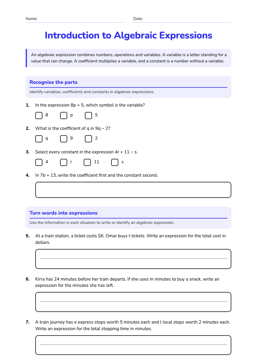 Introduction to Algebraic Expressions worksheet preview