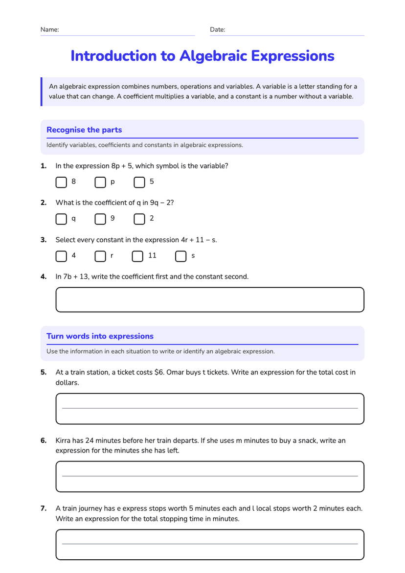 Introduction to Algebraic Expressions