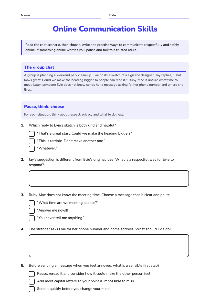 Online Communication Skills worksheet preview