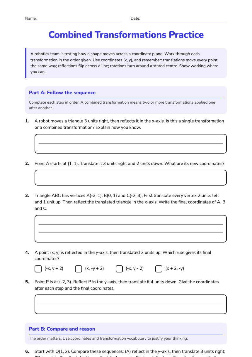 Combined Transformations Practice worksheet preview