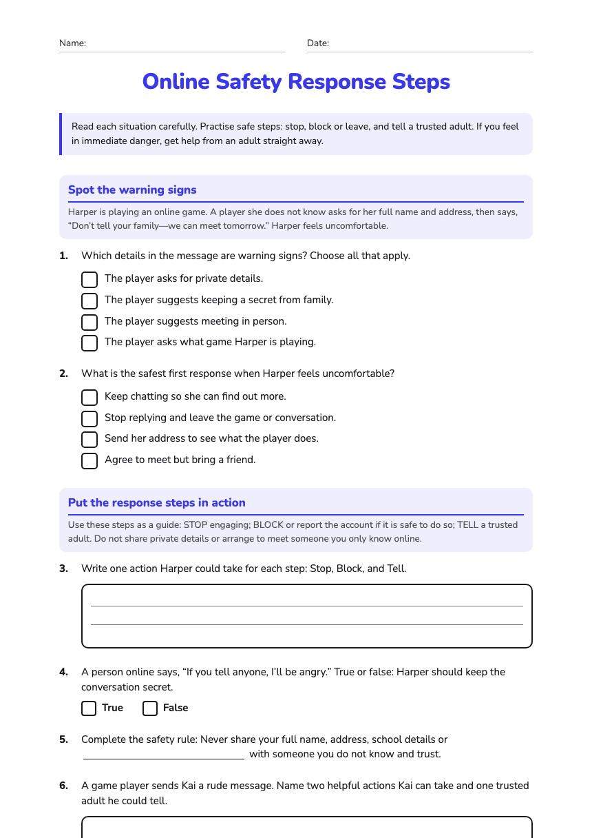 Online Safety Response Steps worksheet preview