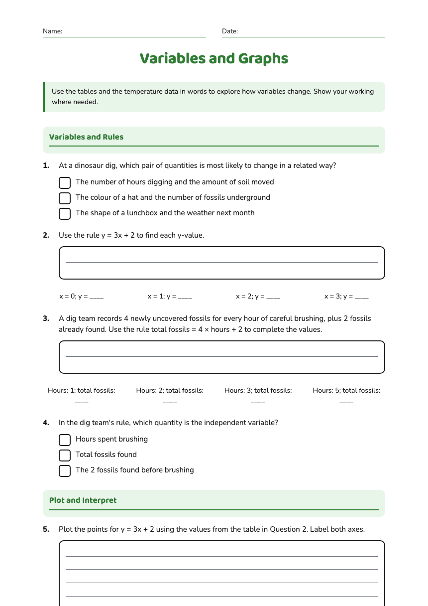 Variables and Graphs worksheet preview