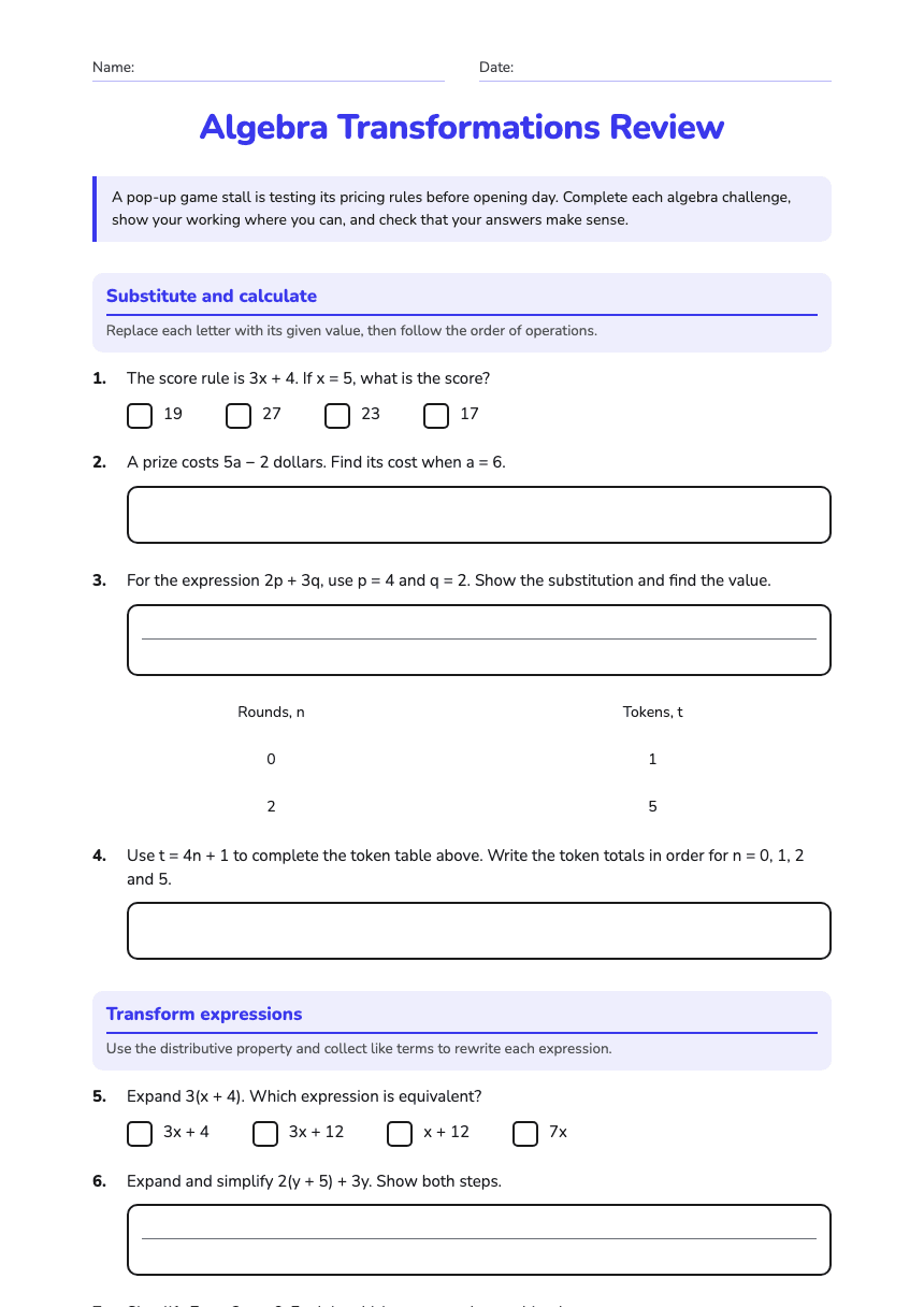 Algebra Transformations Review worksheet preview