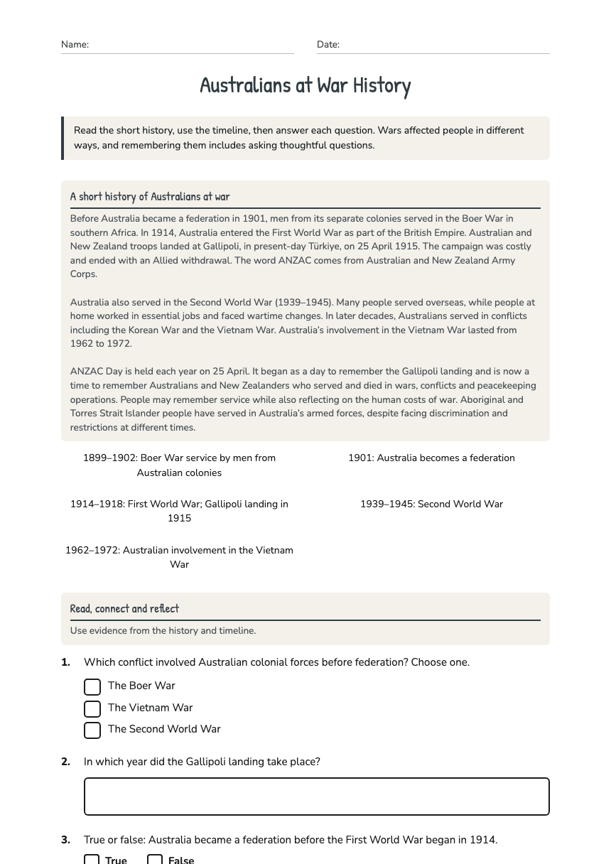 Australians at War History worksheet preview