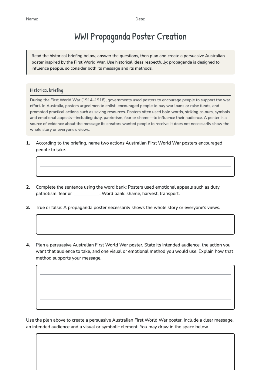 WWI Propaganda Poster Creation worksheet preview