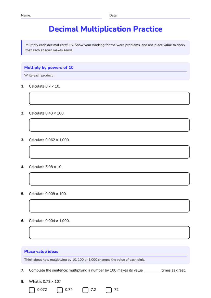Decimal Multiplication Practice