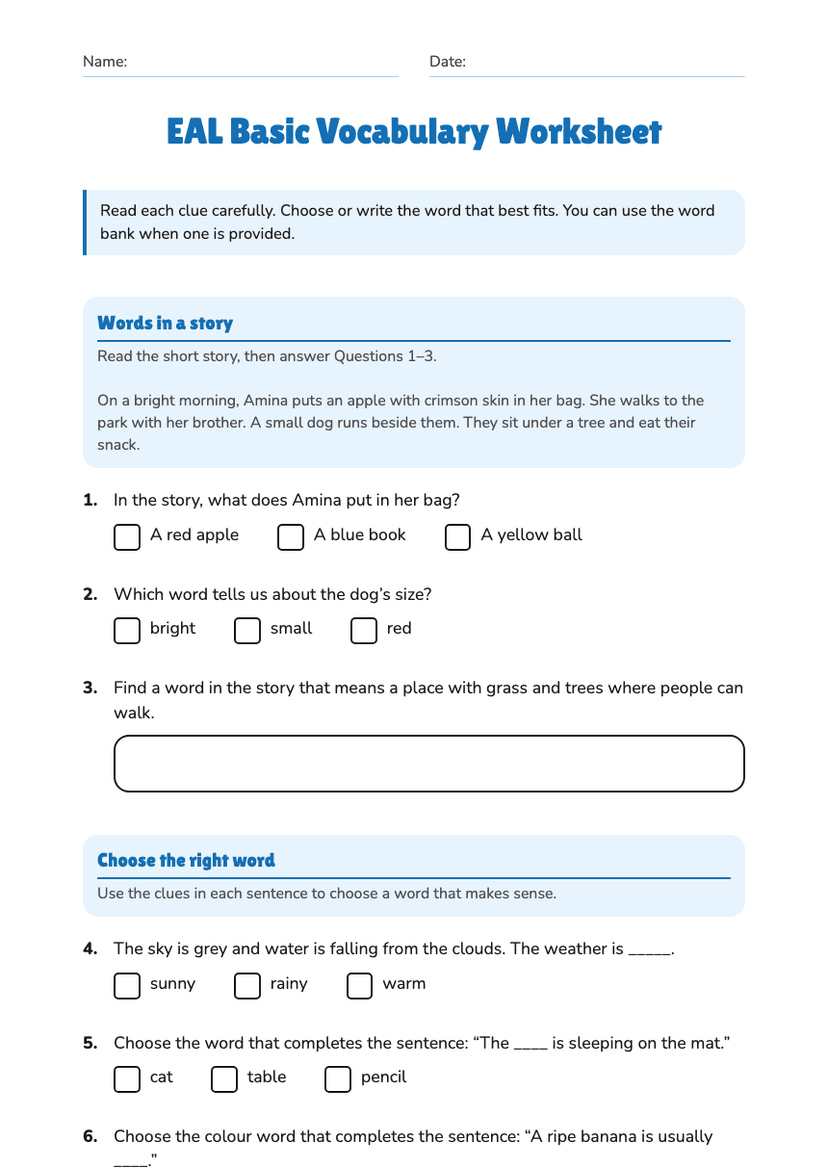 EAL Basic Vocabulary Worksheet