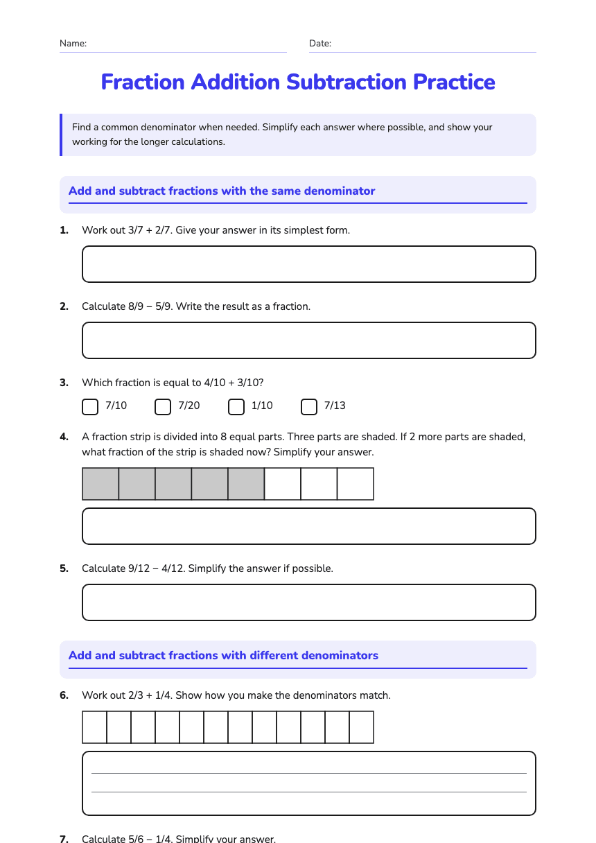 Fraction Addition Subtraction Practice worksheet preview