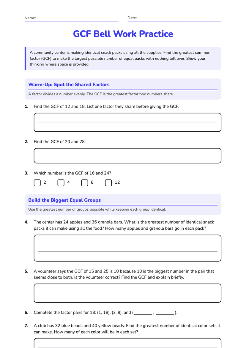GCF Bell Work Practice