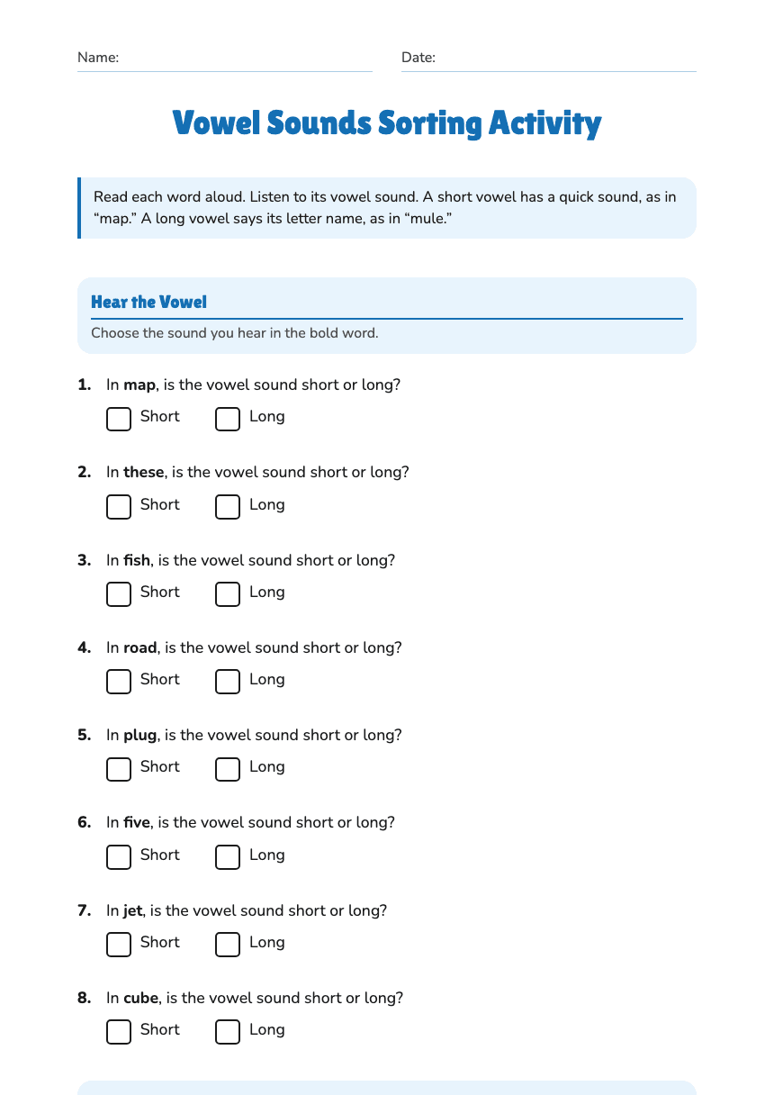 Vowel Sounds Sorting Activity worksheet preview