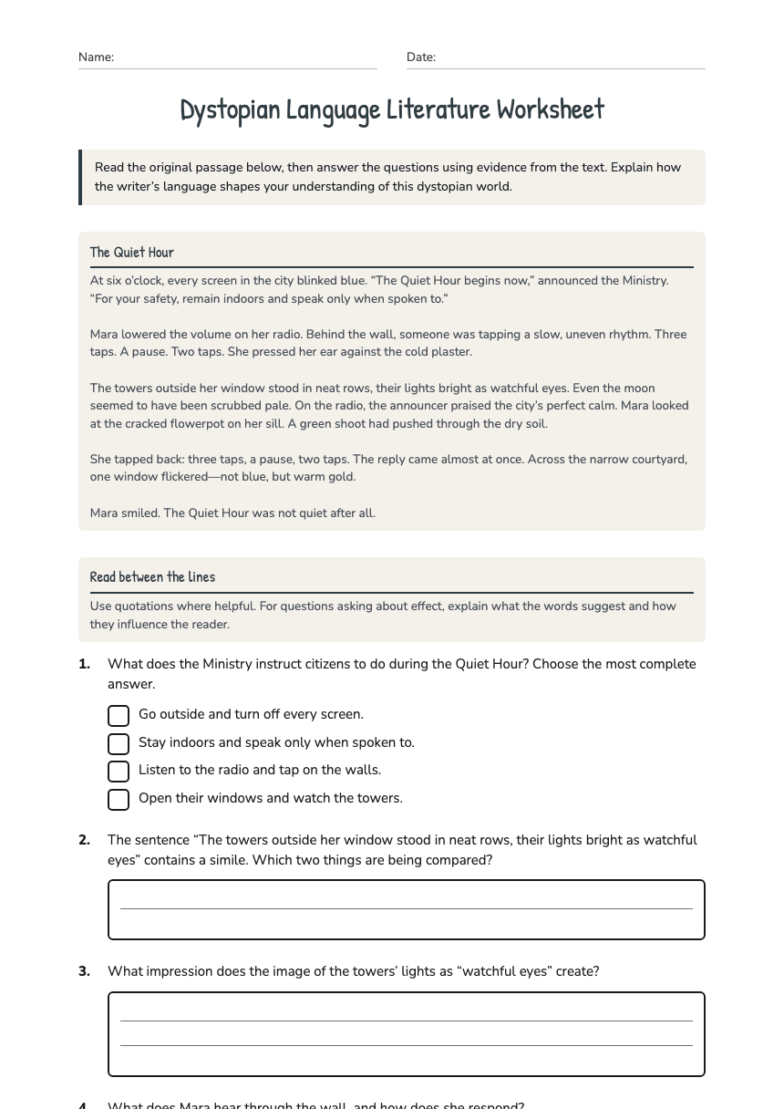 Dystopian Language Literature Worksheet worksheet preview