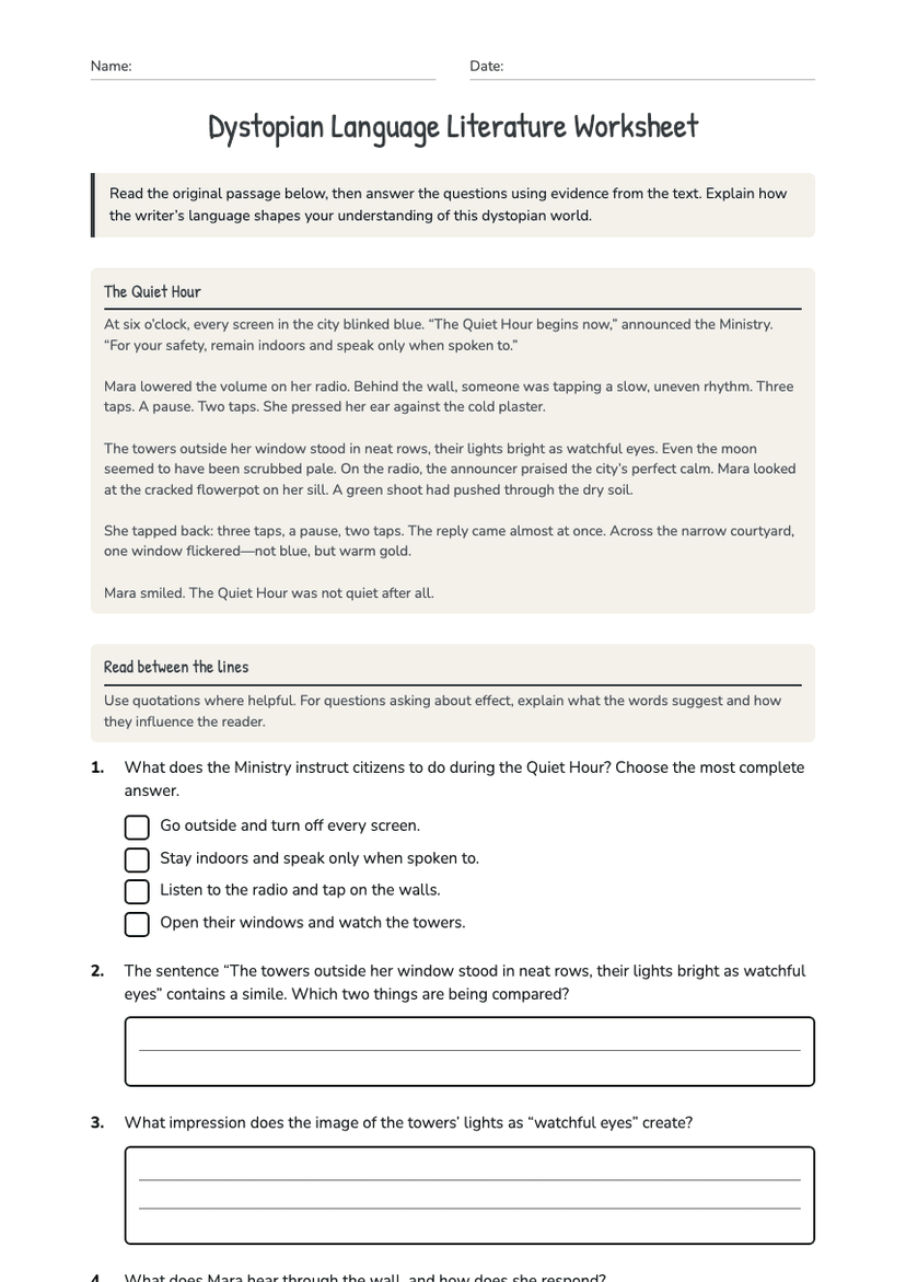 Dystopian Language Literature Worksheet