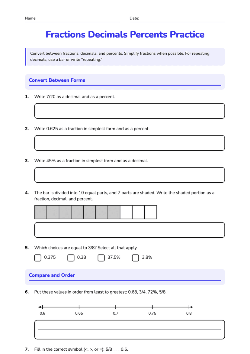 Fractions Decimals Percents Practice