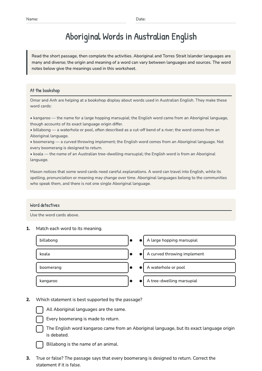 Aboriginal Words in Australian English worksheet preview