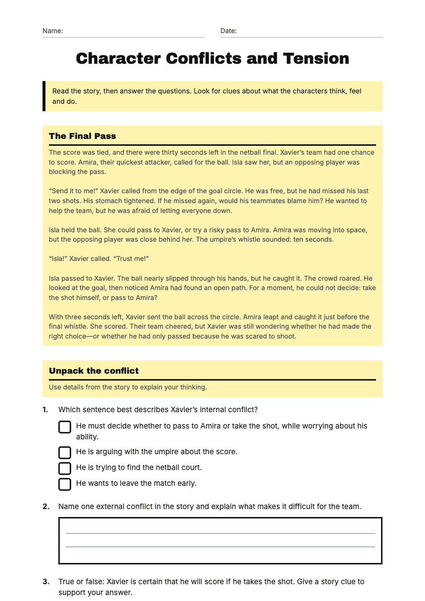 Character Conflicts and Tension worksheet preview