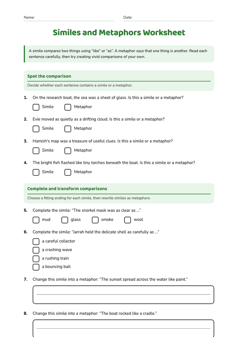 Similes and Metaphors Worksheet