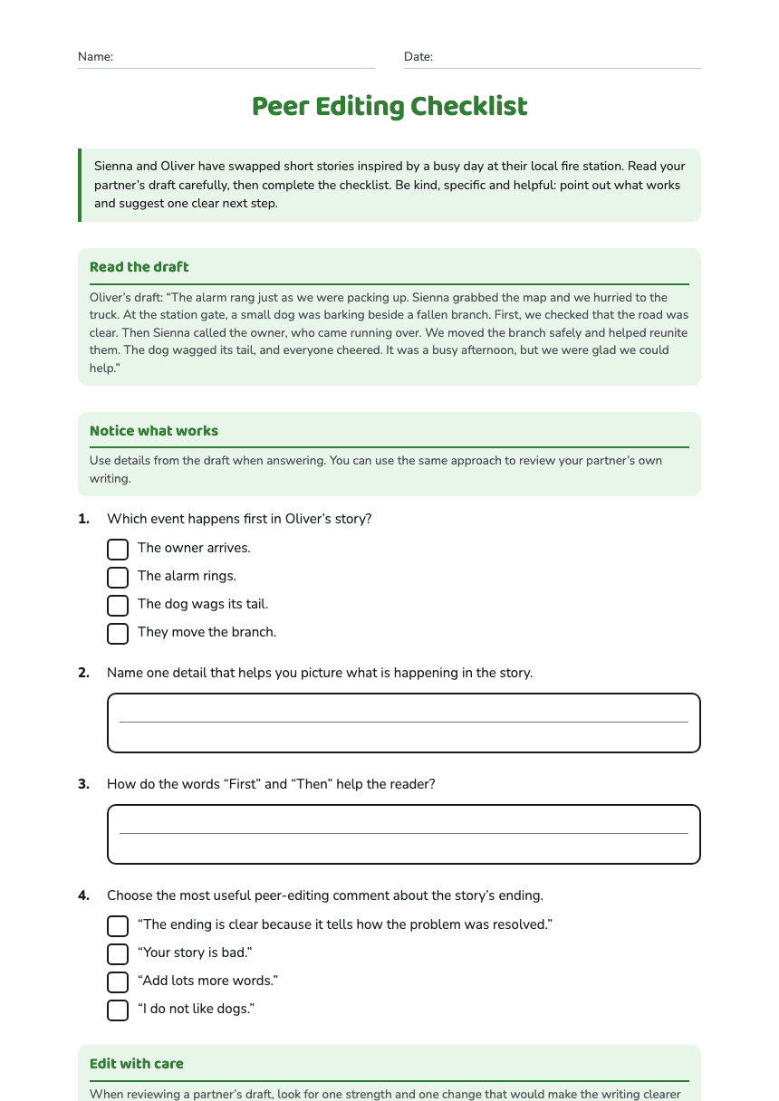 Peer Editing Checklist worksheet preview