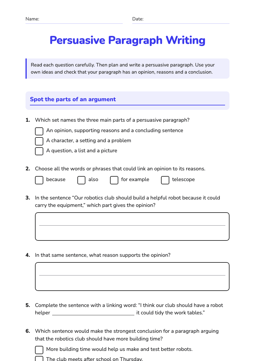 Persuasive Paragraph Writing worksheet preview