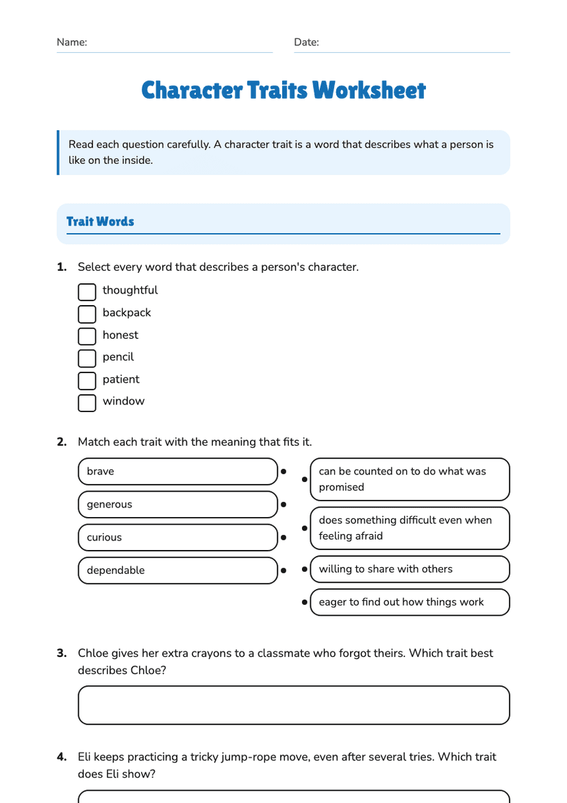 Character Traits Worksheet