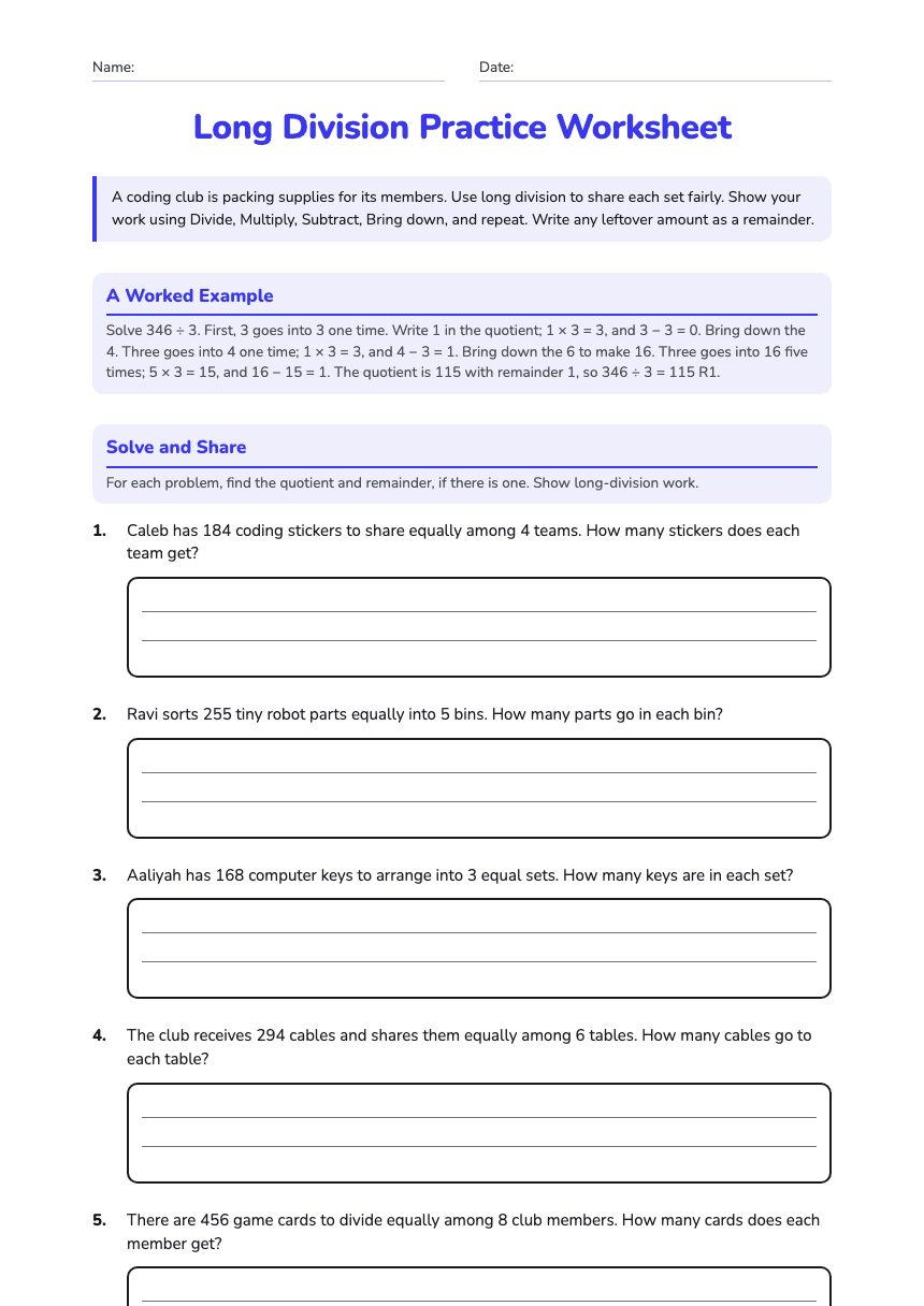 Long Division Practice Worksheet worksheet preview