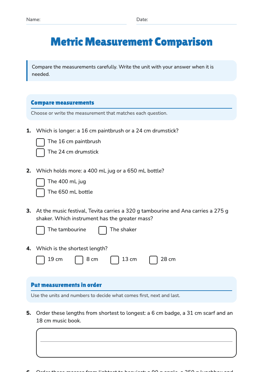 Metric Measurement Comparison worksheet preview
