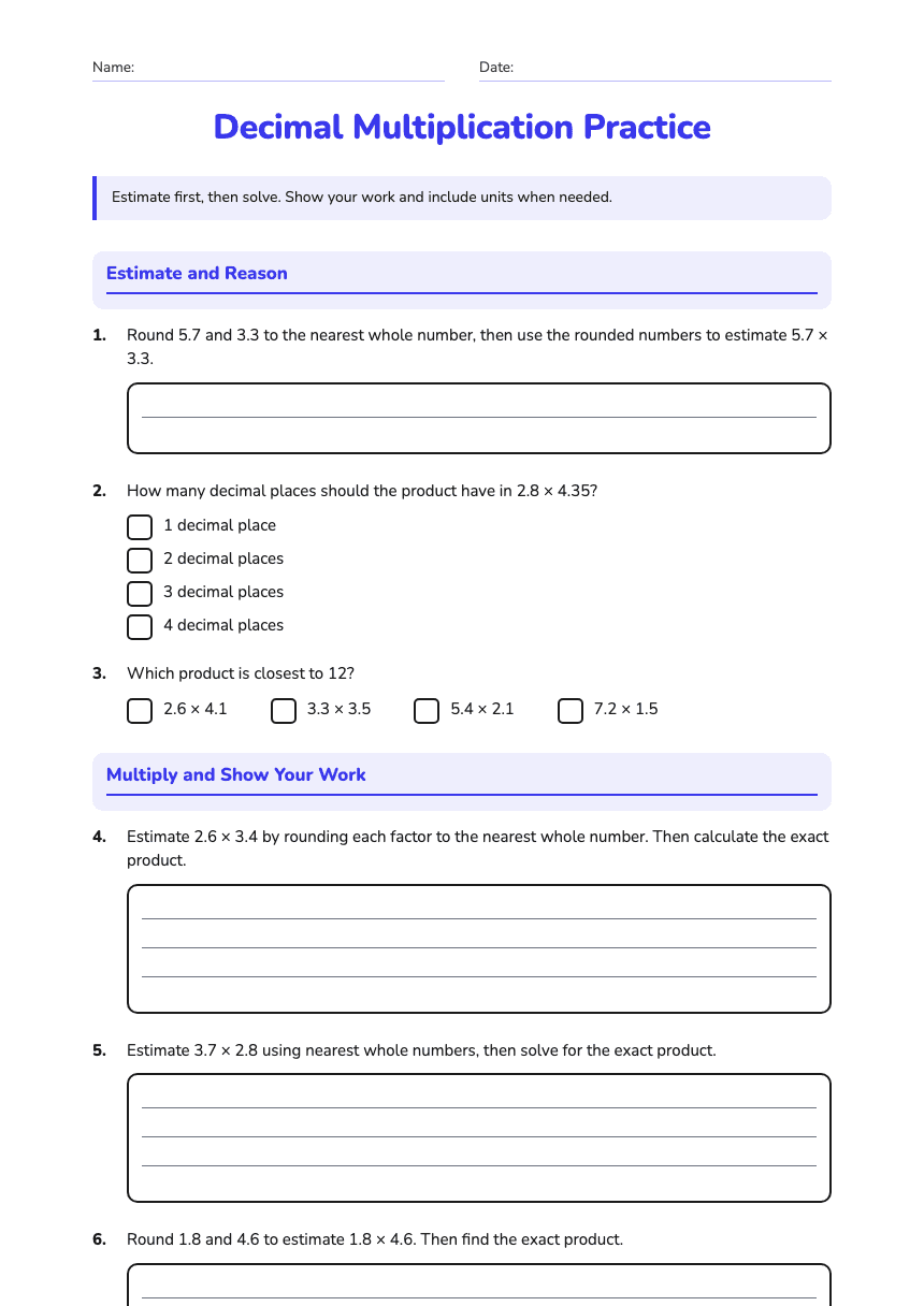 Decimal Multiplication Practice worksheet preview