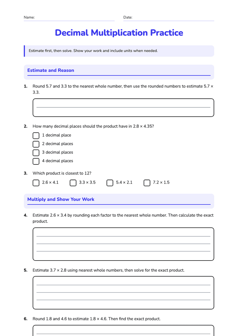 Decimal Multiplication Practice