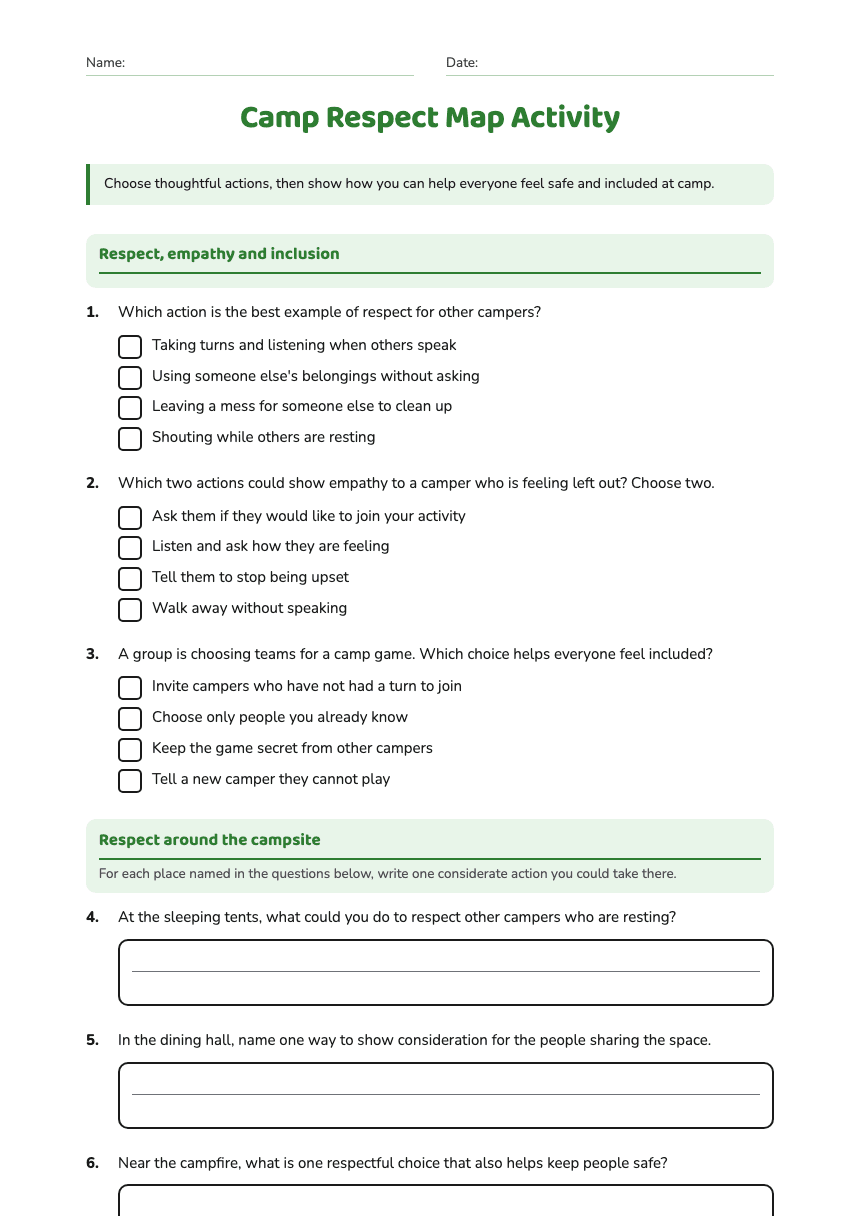 Camp Respect Map Activity worksheet preview