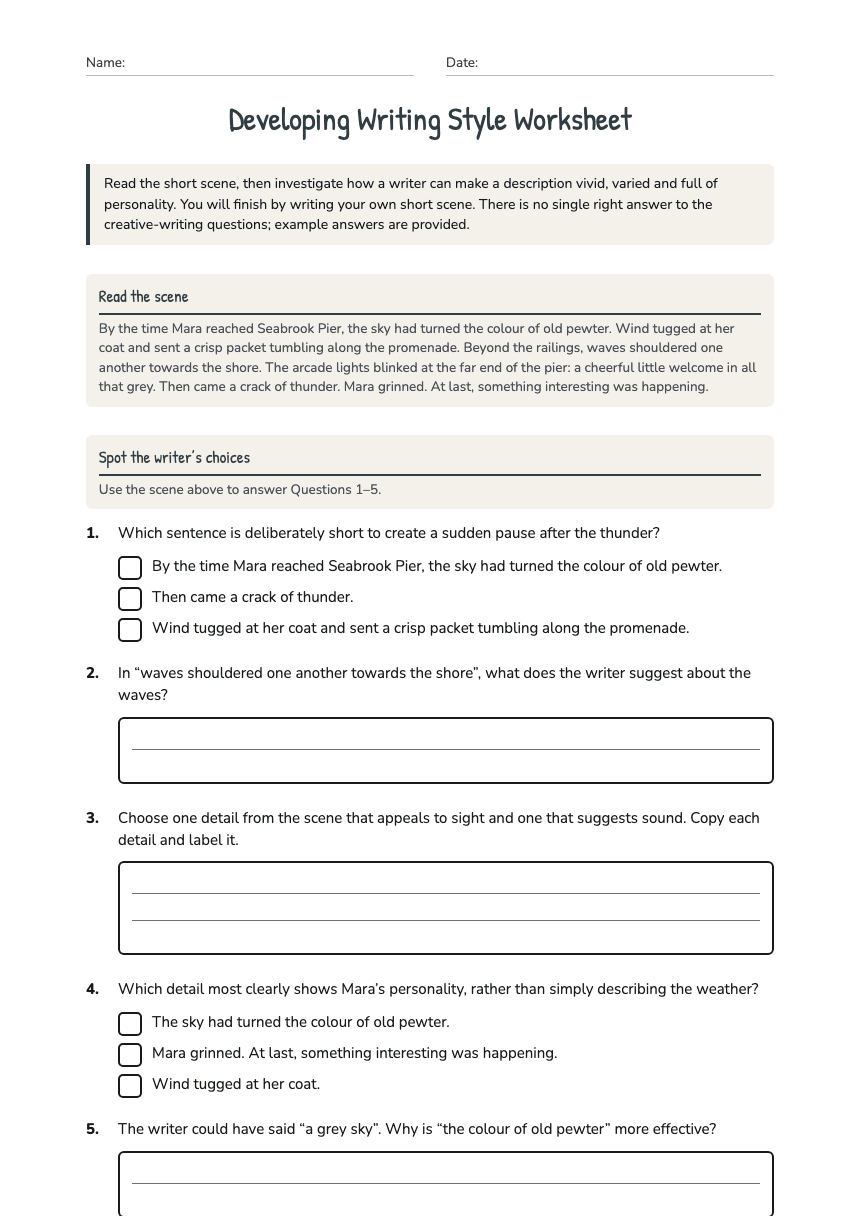 Developing Writing Style Worksheet worksheet preview