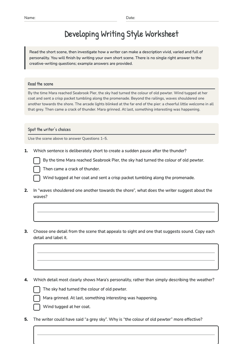 Developing Writing Style Worksheet
