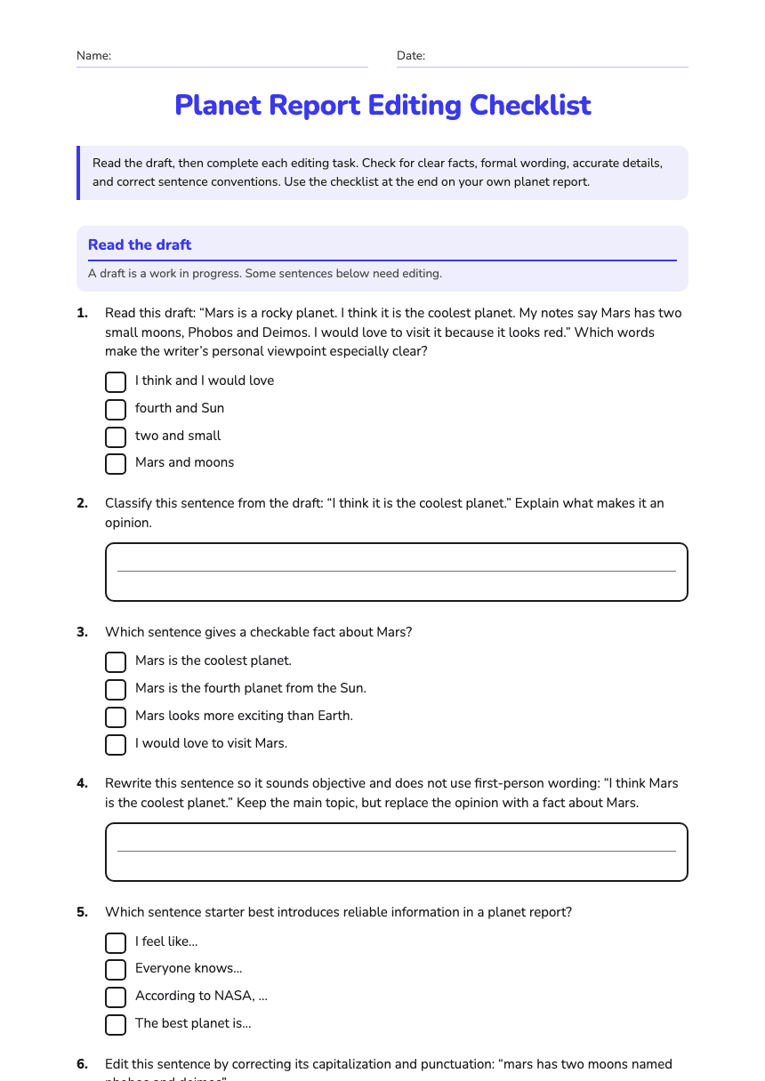 Planet Report Editing Checklist worksheet preview