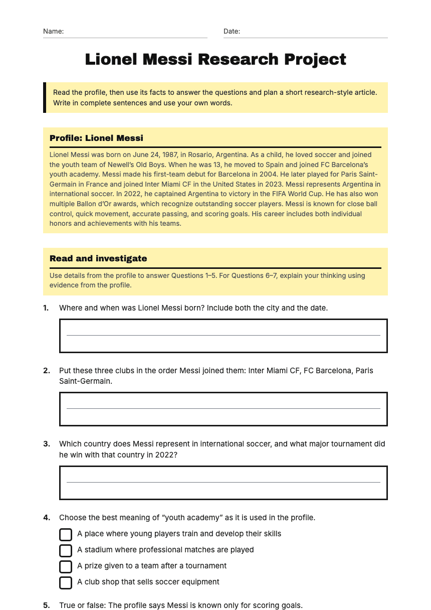 Lionel Messi Research Project worksheet preview