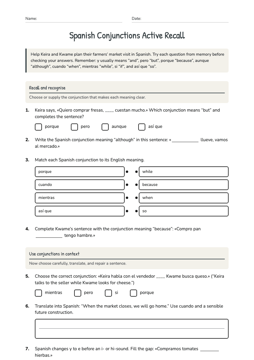 Spanish Conjunctions Active Recall worksheet preview
