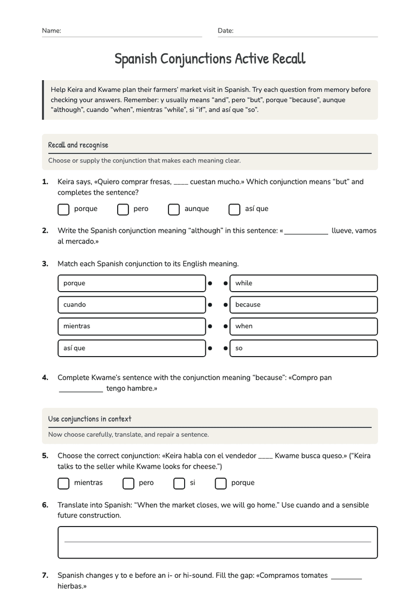 Spanish Conjunctions Active Recall